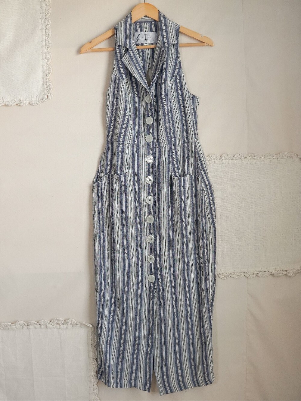 Sue Wong Blue White Striped Button Front Halter Maxi Dress Size M